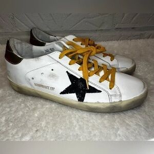 Golden Goose White Sneakers with Black Star and Mustard Laces